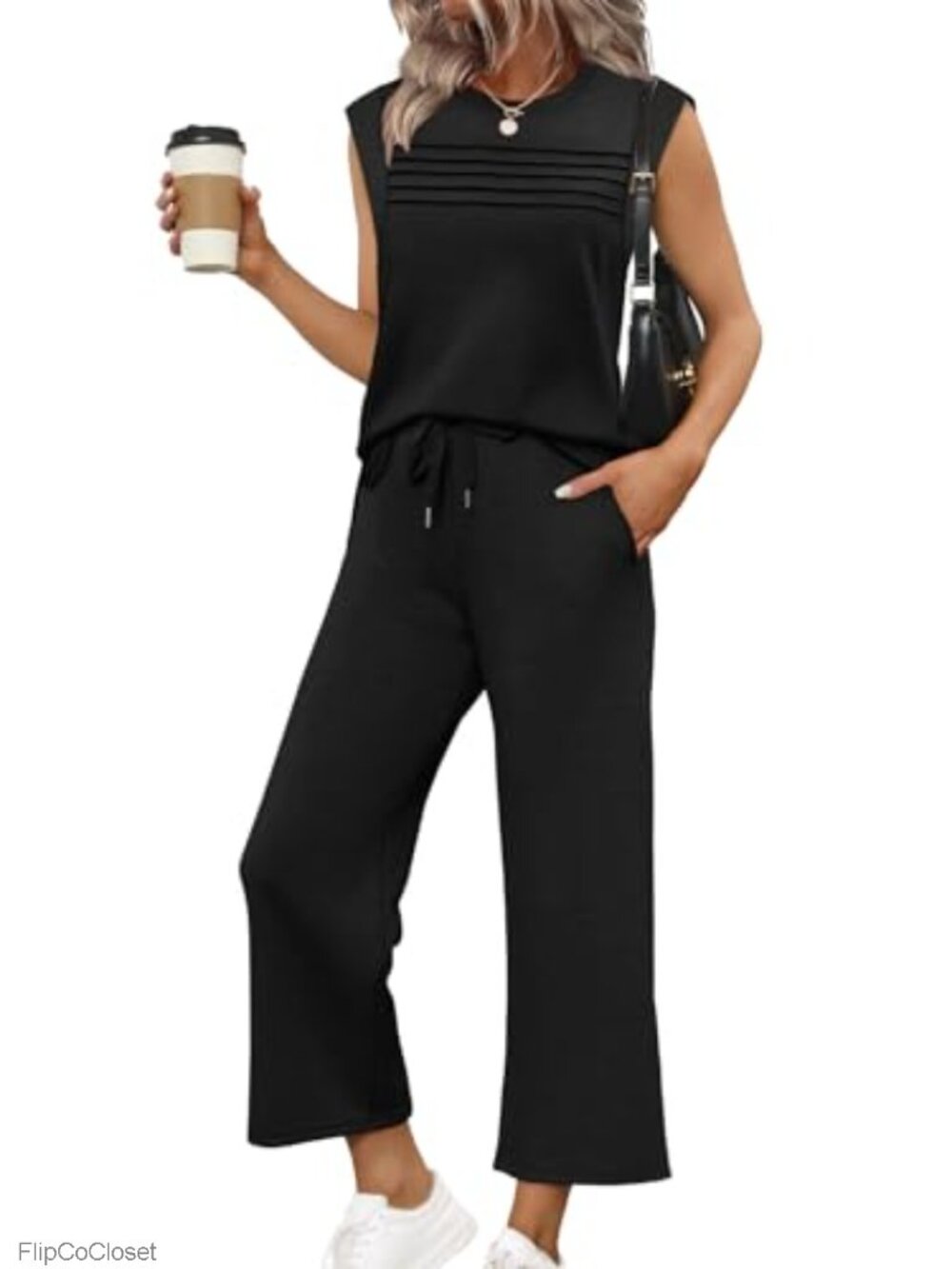 WIHOLL Two Piece Lounge Set Cap Sleeve Top Wide Leg Crop Pants Travel Outfit